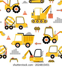 Hand drawing building truck seamless vector illustration for the t-shirt design. Vector illustration design for fashion fabrics, textile graphics, prints.