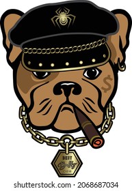 Hand drawing  Bulldog  in a cap smokes  cigar. For logo, symbol and fashion print
