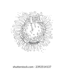 hand drawing of burger and fries, vector image