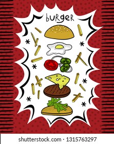 Hand drawing burger ingedients with fries vector illustration