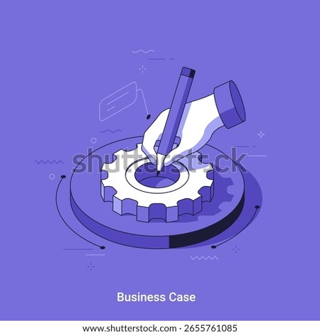 A hand drawing business case on gear mechanism. Business plan development and strategic project management concept. Isometric lineal vector illustration.