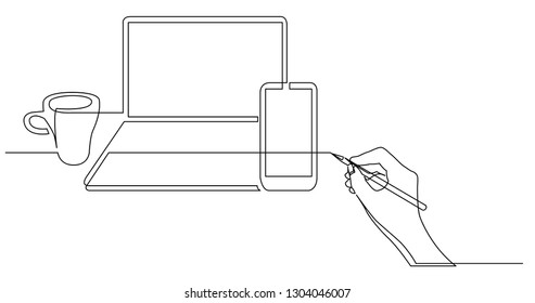 hand drawing business concept sketch of laptop computer mobile phone