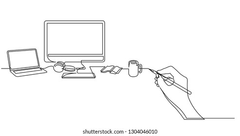 Hand Drawing Business Concept Sketch Of Desktop Computer Laptop And Mug