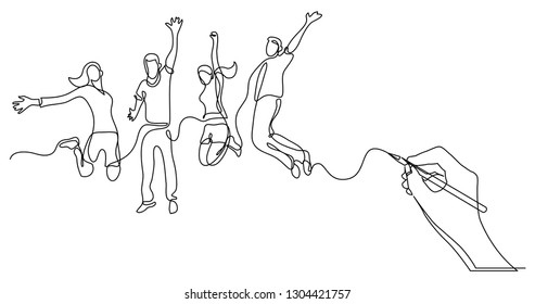 hand drawing business concept sketch of happy jumping people