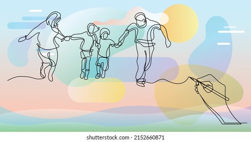 hand drawing business concept sketch of happy family having fun