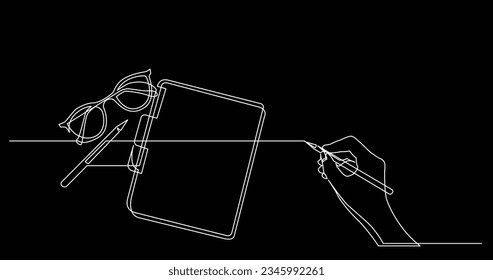 hand drawing business concept sketch of glasses notepad and pencil