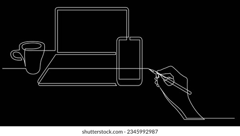 hand drawing business concept sketch of laptop computer mobile phone