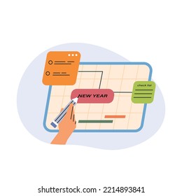 Una mano dibujando un mapa de negocios en el tablero. ilustración vectorial plana.