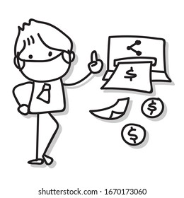 hand drawing businessman wear mask protection working digital marketing during virus outbreak effect of corona virus. Covid-19. Vector illustration eps 10.