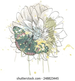 hand drawing butterfly and flower on smeared paint brush