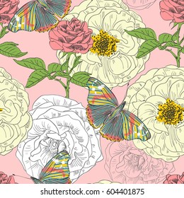 hand drawing butterfly and flowers. Hand drawn seamless pattern