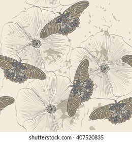 hand drawing butterfly and flowers on smeared paint brush