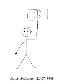 Hand Drawing by Child Man Standing with Peace Sign Poster. Peaceful lifestyle and human relationship concept