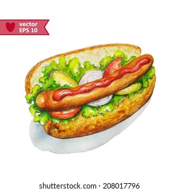 Hand Drawing By A Water Color A Hot Dog.