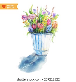 Hand drawing by water color vector a bunch of flowers
