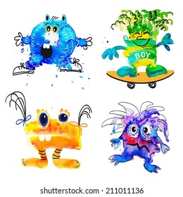Hand drawing by water color  cartoon monsters isolated on white background