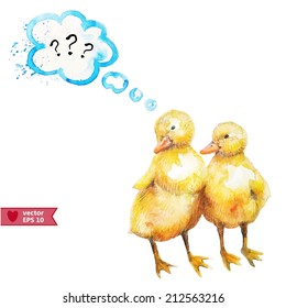 Hand drawing by water color couple of ducklings