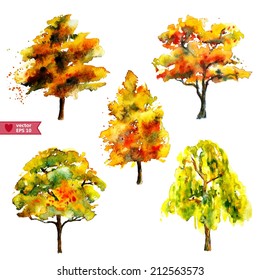 Hand Drawing By Water Color A Vector Set Of  Autumn Trees