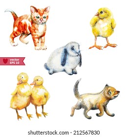 hand drawing by water color a vector set of cubs of animals