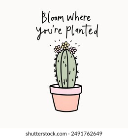 hand drawing cactus flower, bloom minimalist cartoon doodle with pastel color