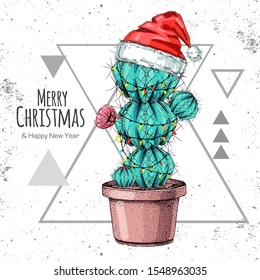 Hand drawing cactus in new year hat. Vector illustration on grunge triangle background