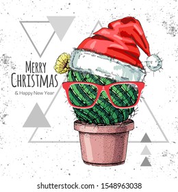 Hand drawing cactus in new year hat. Vector illustration on grunge triangle background