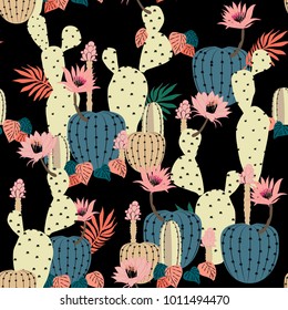 Hand drawing Cactus Plant and flowers  Seamless Pattern. Exotic Tropical Summer Botanical Background in Vector ,Summer colorful bright on Black background