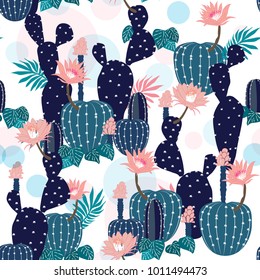 Hand drawing Cactus Plant and flowers  Seamless Pattern. Exotic Tropical Summer Botanical Background in Vector ,Summer sweet colorful bright on white background