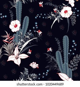 Hand drawing Cactus Plant and flowers  Seamless Pattern. Exotic Tropical Summer Botanical  ,Summer sweet colorful bright on dark navy blue Background in Vector
