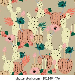 Hand drawing Cactus Plant Seamless Pattern. Exotic Tropical Summer Botanical Background in Vector ,Summer colorful bright on beige background