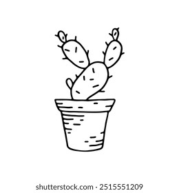 Dibujo a mano de un cactus en una olla con detalles simples y mínimos.