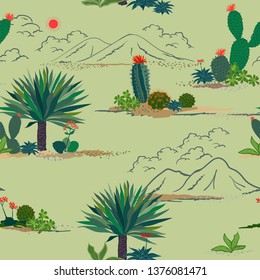 Hand drawing cactus and succulent plants seamless pattern on pastel green background,for decorative,fashion,fabric,textile,print or wallpaper,vector illustration