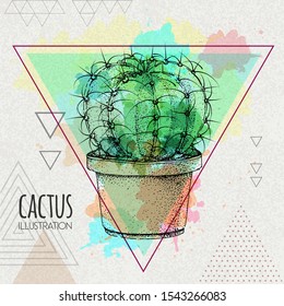 Hand drawing cactus vector illustration on artistic watercolor triangle background