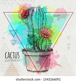 Hand drawing cactus vector illustration on artistic watercolor triangle background