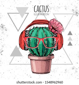 Hand drawing cactus vector illustration with headphones on grunge triangle background