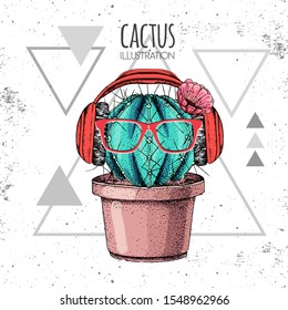 Hand drawing cactus vector illustration with headphones on grunge triangle background