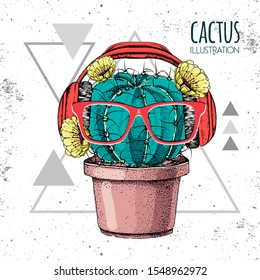 Hand drawing cactus vector illustration with headphones on grunge triangle background