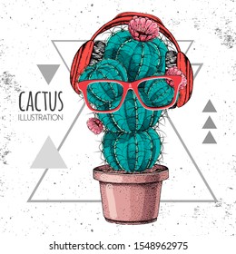 Hand drawing cactus vector illustration with headphones on grunge triangle background