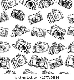 Hand drawing  camera seamless pattern on black and white 