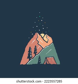 Dibujo a mano de un campamento sobre la naturaleza de las montañas montañosas