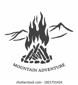 Hand Drawing campfire and mountain vector. Mountain adventure illustration.