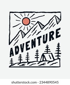 Hand drawing of camping adventure in mountain nature vintage design