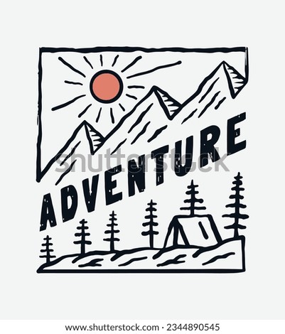 Hand drawing of camping adventure in mountain nature vintage design