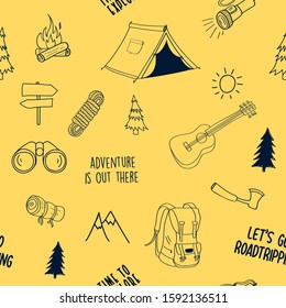 Hand Drawing Camping Elements Pattern Seamless Vector Illustration.