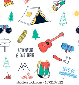 Hand drawing camping elements pattern seamless vector illustration.