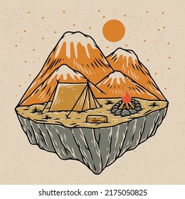 Hand drawing camping in nature set, Mountain landscape, vector illustrations.