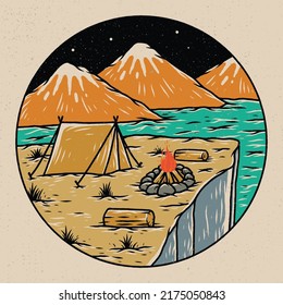 Handgezeichnete Campingplätze in der Natur, Berglandschaft, Vektorgrafiken.