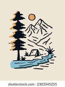 Hand drawing of camping in near river under the mountains design vector