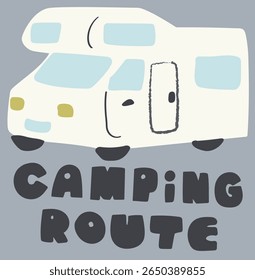 Mão de desenho de camping de ônibus de rota, ilustração de acampamento de desenhos animados vetoriais para design gráfico vetorial para vestuário, adesivos, cartazes, fundo e outros.