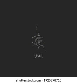 Hand drawing cancer constellation symbol with floral branch and stars. Modern minimalist mystical astrology aesthetic illustration with zodiac signs